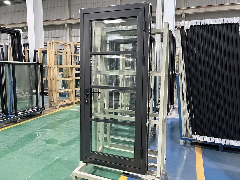 EUWOO glass steel door — cold-rolled steel frame with tempered glass panel, powder coat finish