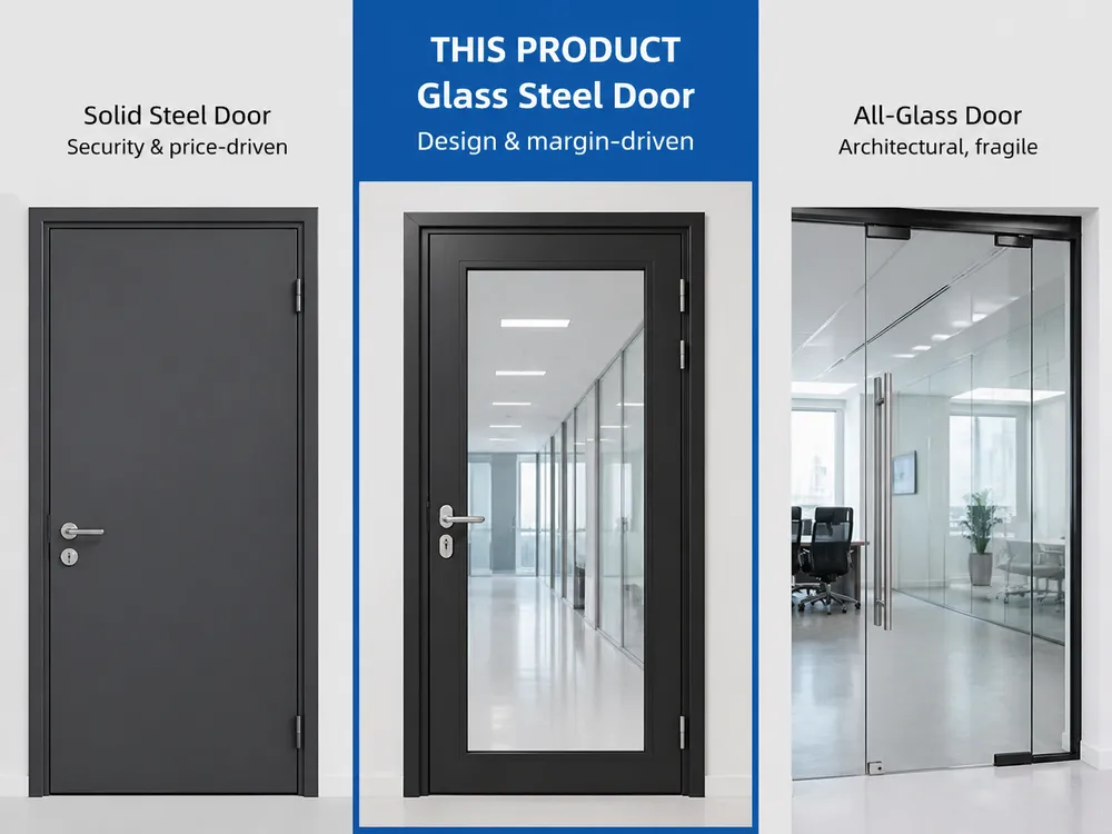 Glass steel door product positioning — steel frame with glass panel insert, commercial application