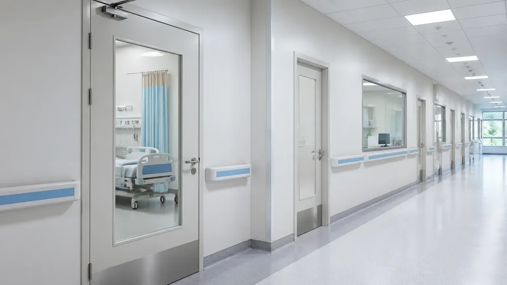 Glass steel door in hospital corridor with tempered glass panel for clinical visibility