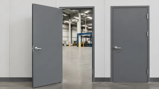 Industrial steel door with heavy-gauge body and reinforced hinge channels