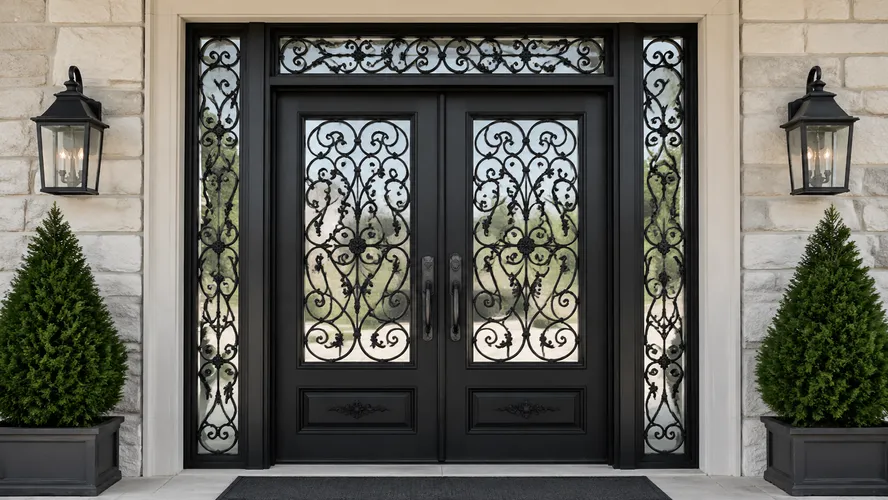 Ornamental wrought iron door fabricated in-house scrollwork panel inserts main entrance