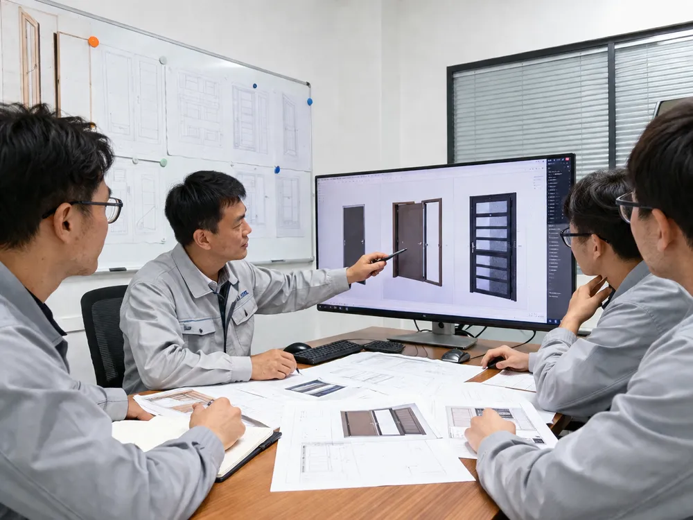 EUWOO R&D engineers reviewing steel door OEM specifications and 3D renderings