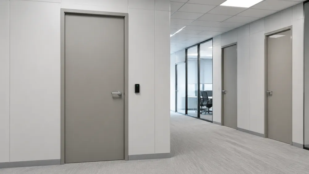 Office steel door with flush face and concealed hinges in a commercial corridor