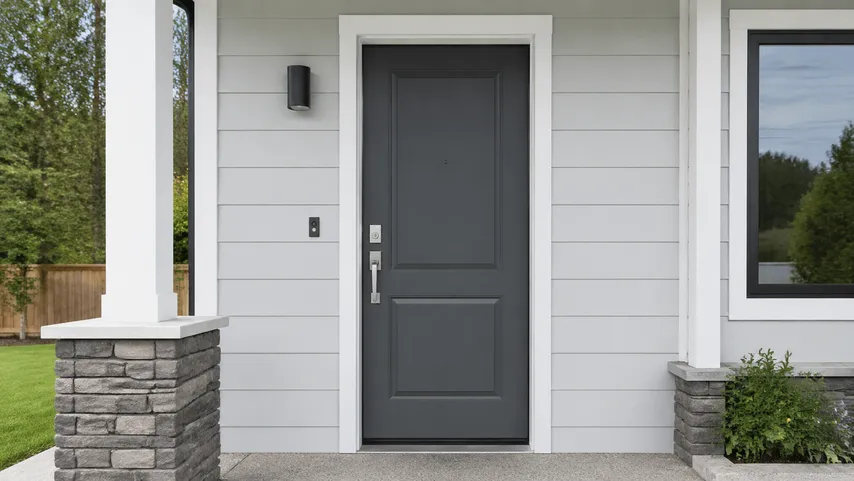 Residential steel door with insulated polyurethane core and weatherstrip on a home entrance