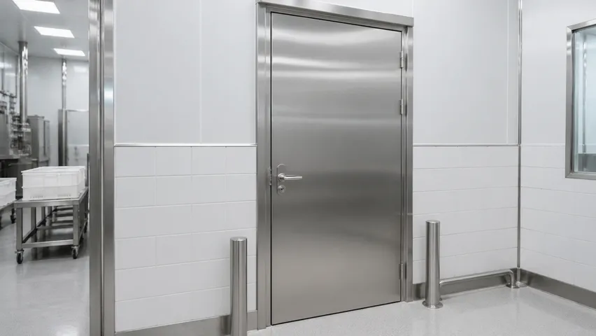 316 stainless steel door with brushed finish installed in a food processing facility corridor