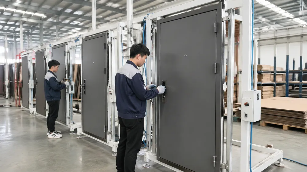 Steel door final assembly and outgoing inspection line at EUWOO factory
