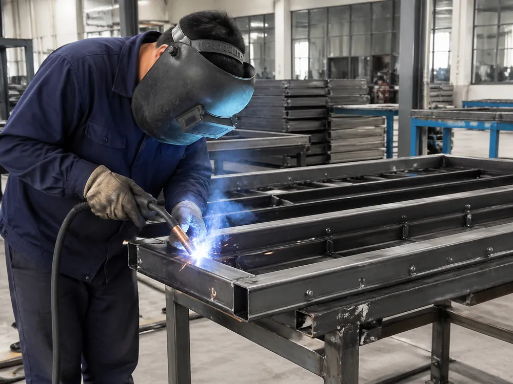 MIG welding of industrial steel door perimeter frame reinforcement at EUWOO factory