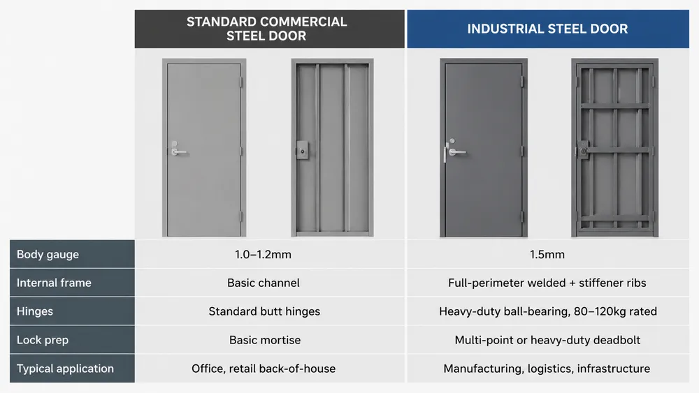 Industrial steel door vs standard commercial steel door — gauge and reinforcement comparison