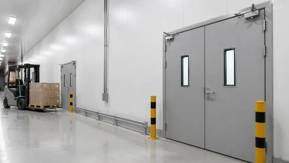 Heavy duty steel doors in logistics distribution center and cold storage facility