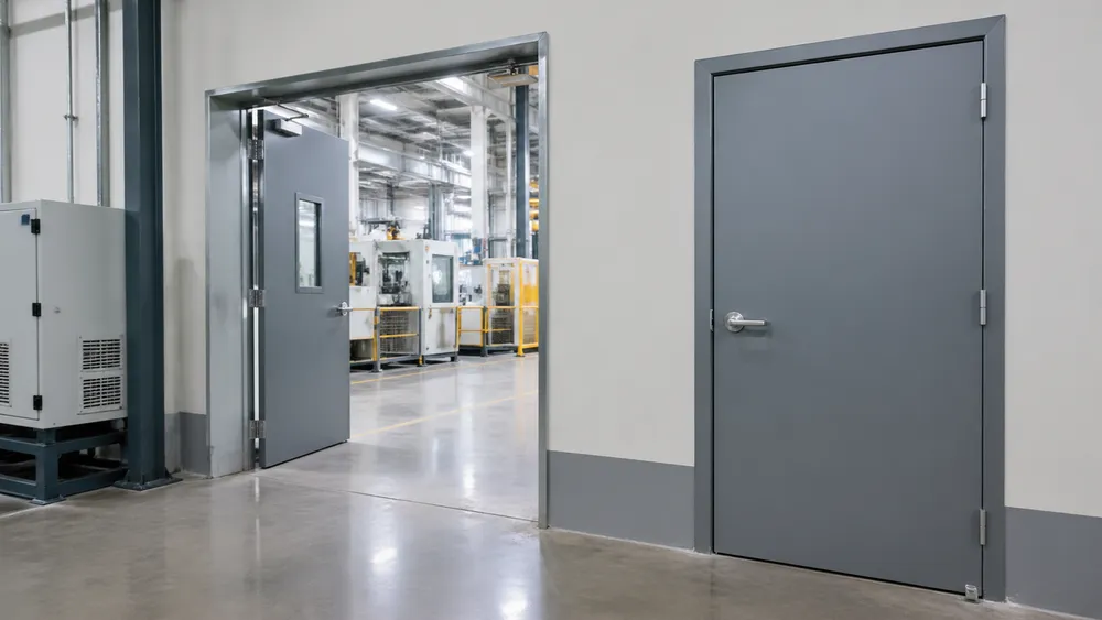 Industrial steel doors installed at manufacturing and processing facility production floor