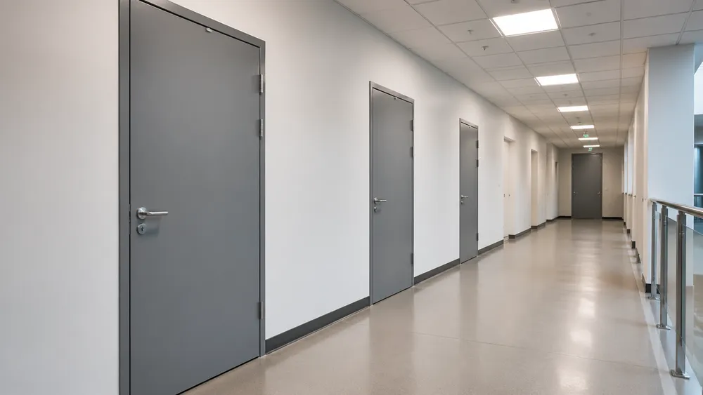 Interior steel doors installed in a commercial corridor — EUWOO factory-direct supply