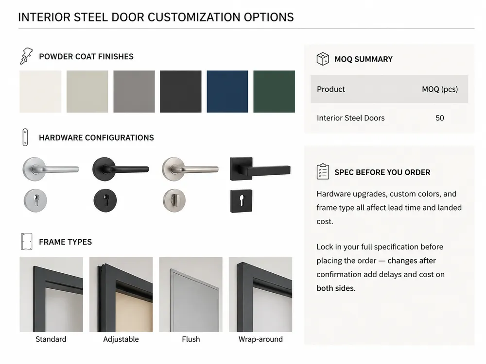 Interior steel door customization options including powder coat finishes, hardware configurations, and frame types