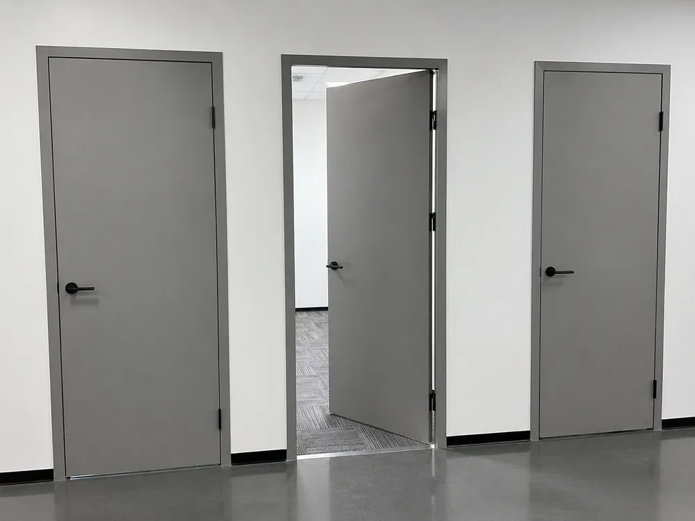 EUWOO interior steel door — flush SPCC cold-rolled steel body with powder coat finish