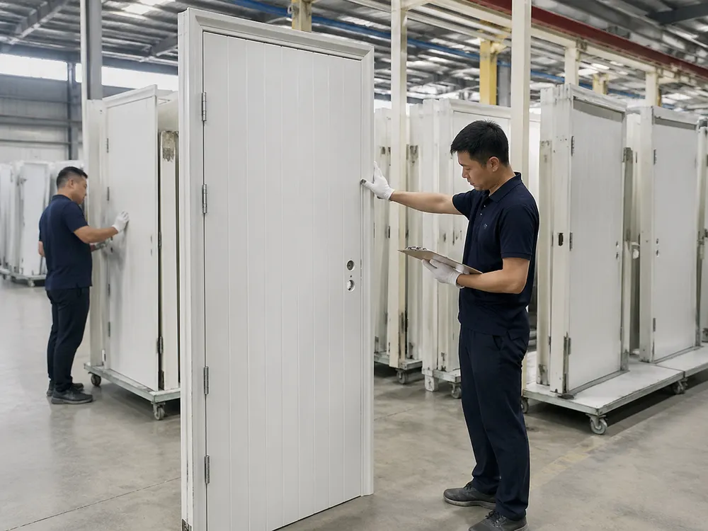 Final assembly and pre-shipment QC inspection of interior steel doors at EUWOO