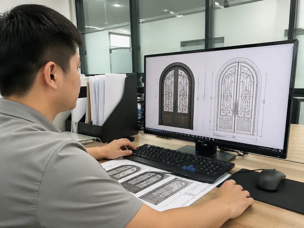 Custom iron door scrollwork fabrication — 3D rendering and production sign-off process