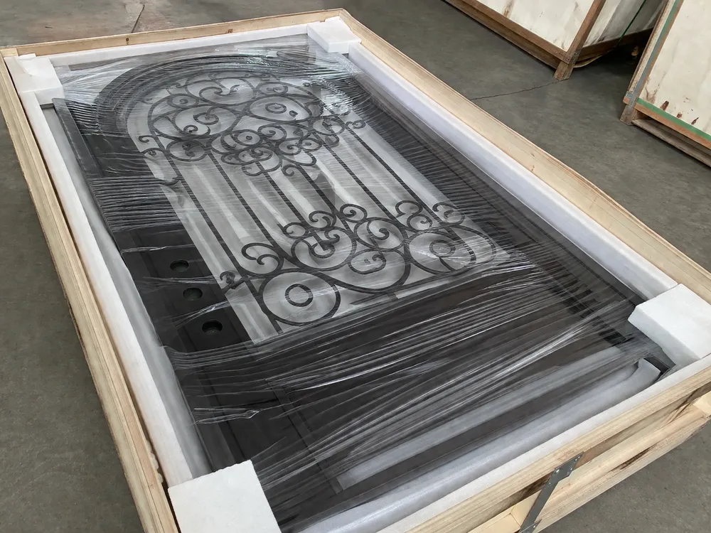Iron door in foam-lined wooden crate with corner guards and surface protection film