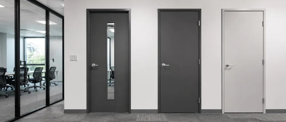 Commercial office fit-out project showing steel door installation across corporate and institutional building types