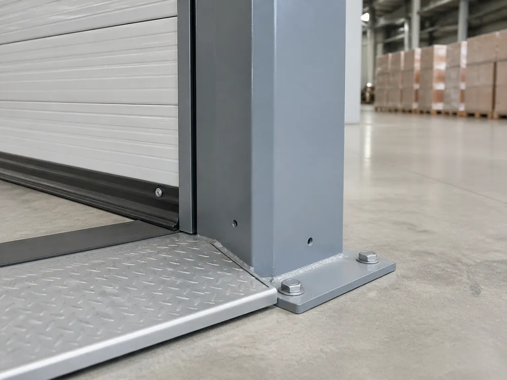 Forklift-clearance threshold profile on warehouse steel door