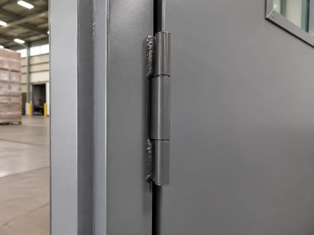 Heavy-duty weld-in hinge detail on warehouse steel door