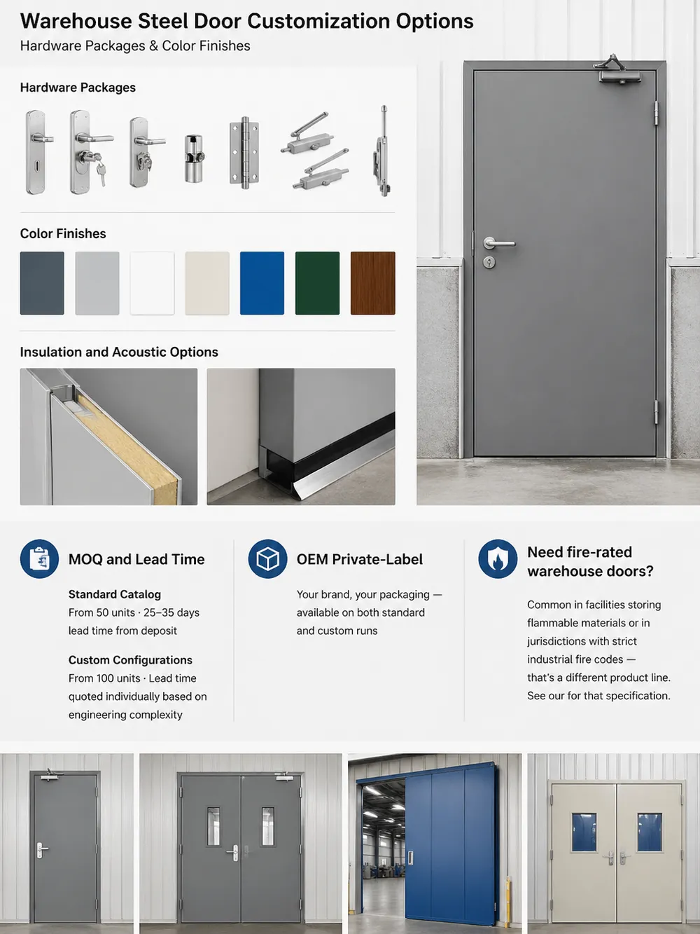 Warehouse steel door customization options including hardware packages and color finishes