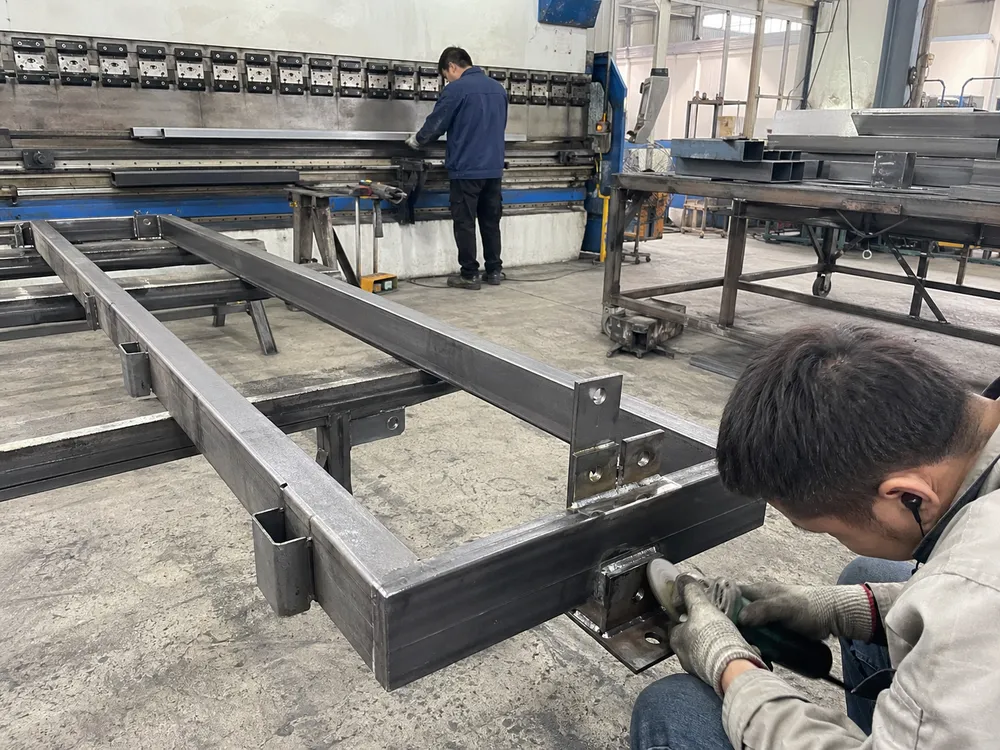 Warehouse steel door manufacturing process showing CNC press brake forming and weld seam treatment