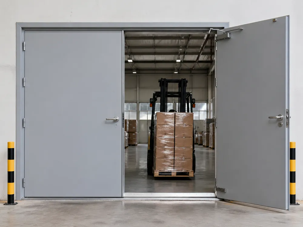Warehouse steel door with forklift-clearance threshold and wide-opening configuration